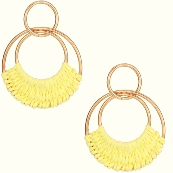 Light Yellow Woven Raffia Gold Hoop Earrings Wicker Hoops Links Post Style New - Picture 2 of 6